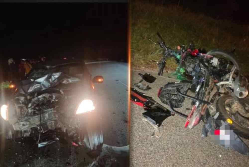 Dua beradik maut dalam kemalangan selepas motosikal yang dinaiki bertembung dengan sebuah kereta di Jalan Teroi Titi Lahar, Yan, malam tadi. Foto PDRM