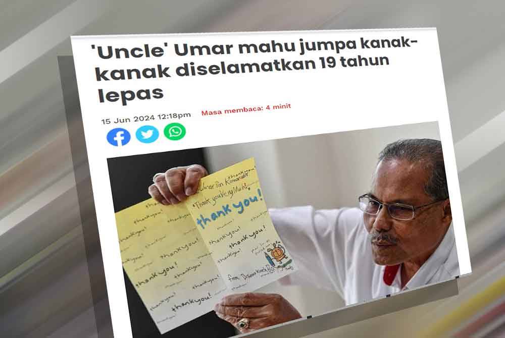 Umar menunjukkan kad ucapan yang diterima daripada kanak-kanak yang diselamatkan selepas beberapa bulan insiden tersebut. 