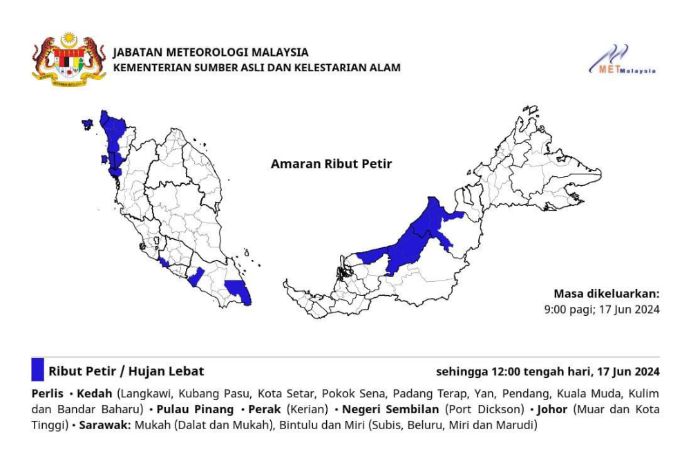 MetMalaysia mengeluarkan amaran hujan lebat dan ribut petir di tujuh negeri sehingga 12 tengah hari, Isnin.