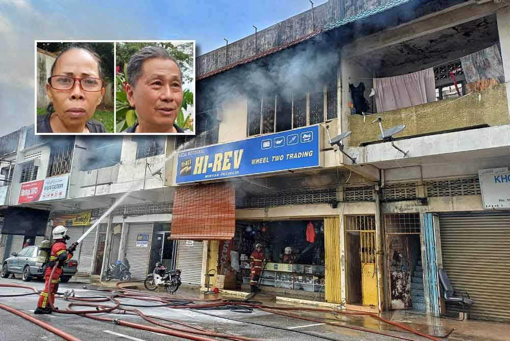 Bomba memadam api di bangunan rumah kedai di Jalan Wong Ah Jang pada Selasa. Gambar kecil: Sazanah (kiri), dan Danny