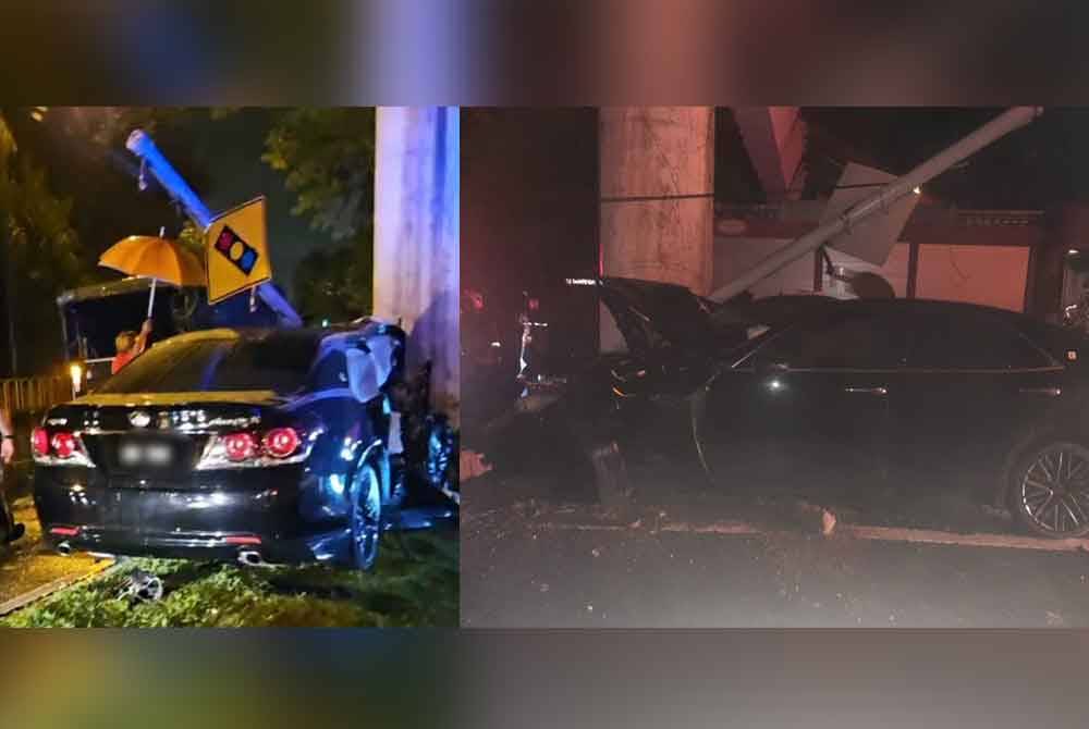 Keadaan kenderaan mangsa selepas melanggar tiang konkrit jejantas di Jalan Tunku Abdul Rahman berhampiran Balai Polis Karamunsing, Kota Kinabalu.