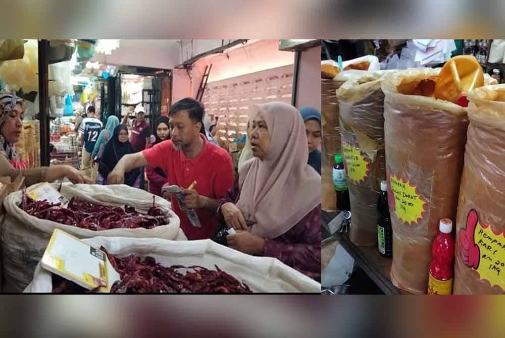 Mohd Azrul Hafiz melayan pelanggan di kedai rempah-ratusnya di Pasar Siti Khadijah. Rempah-ratus (kanan) yang diproses sendiri dijual segar setiap pagi