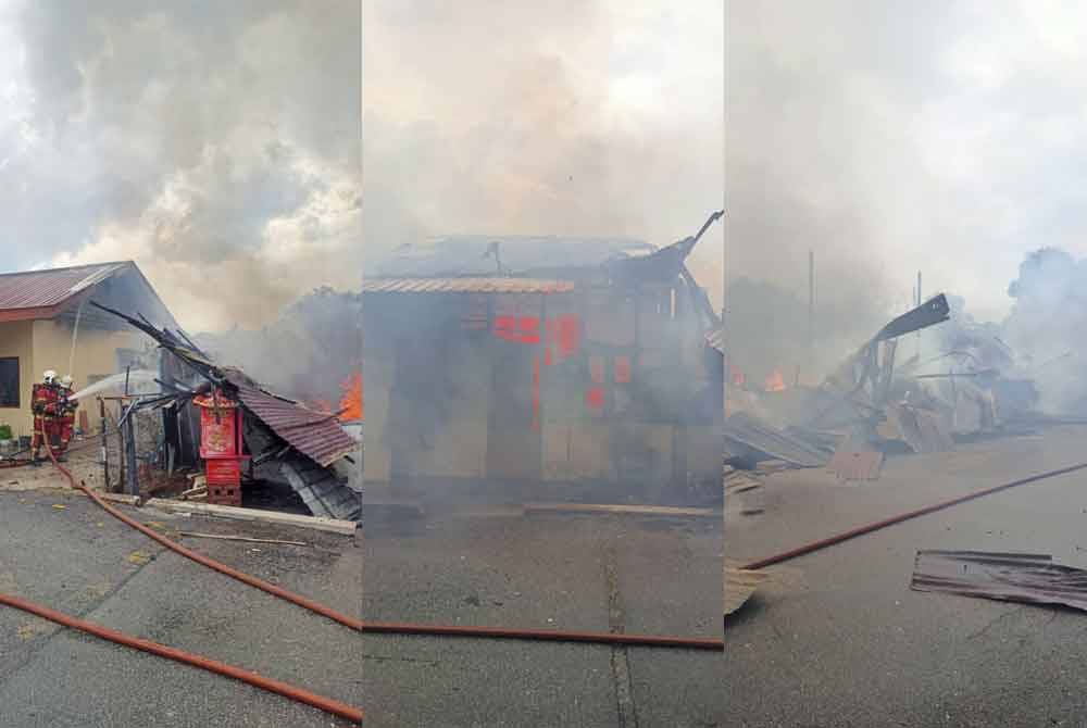 Pasukan bomba menjalankan operasi pemadaman kebakaran sembilan rumah di Kampung Baru, Kampung petang Rabu. Foto: Bomba Perak