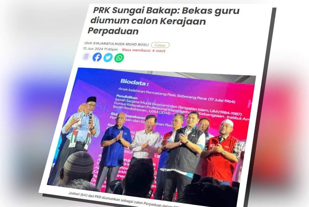 Bekas Pengarah Institut Aminuddin Baki (IAB) Cawangan Utara, Dr Joohari Ariffin dari Parti Keadilan Rakyat (PKR) diumumkan sebagai calon Perpaduan dalam Pilihan Raya Kecil (PRK) Sungai Bakap.