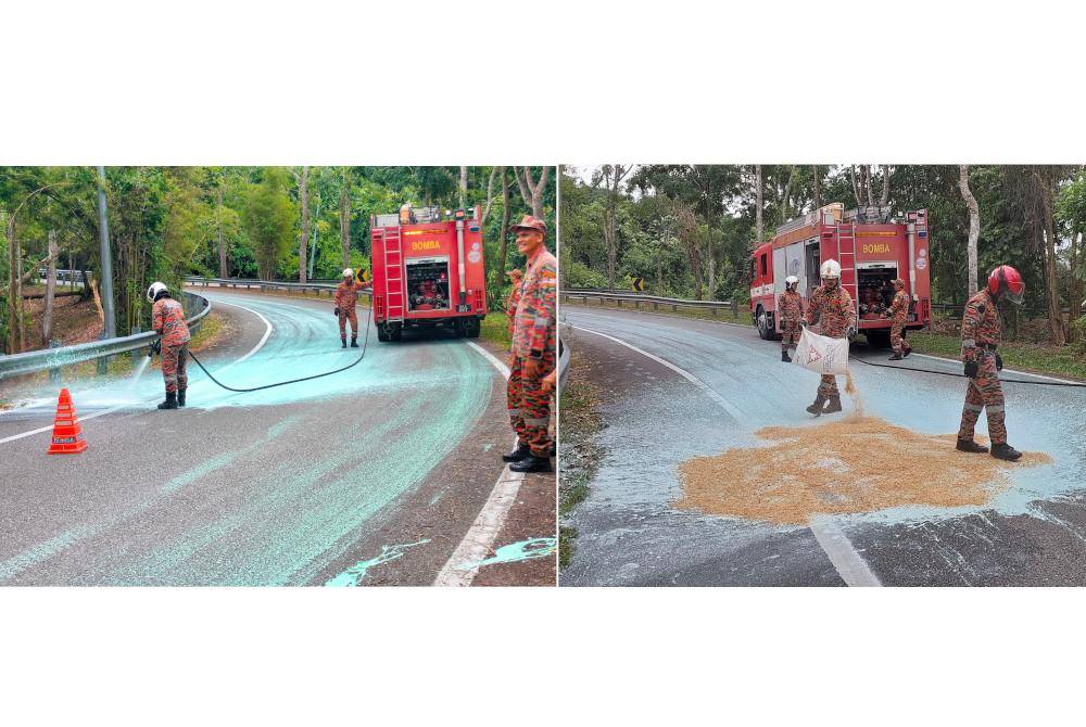 PKO menabur serbuk kayu di atas kawasan tumpahan cat di jalan susur Lebuh Sungai Udang-Paya Rumput-Ayer Keroh (SPA) pada Khamis.