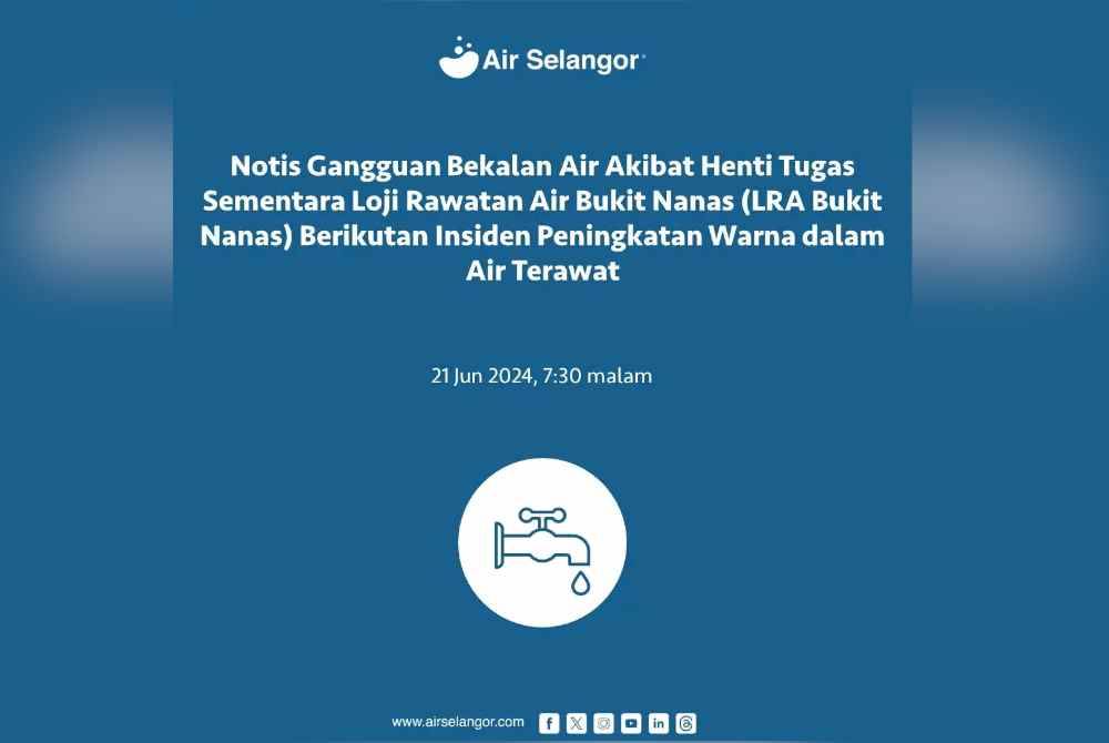 Info grafik mengenai gangguan bekalan air di wilayah Kuala Lumpur yang menyebabkan LRA Bukit Nanas dihenti tugas berikutan insiden peningkatan warna dalam air terawat pada Jumaat.