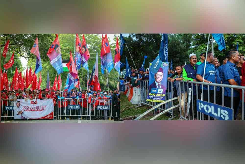 Penyokong Kerajaan Perpaduan dan Perikatan Nasional (PN) berkumpul pada hari penamaan calon bagi PRK DUN Sungai Bakap di Dewan Serbaguna Sungai Jawi pada Sabtu. Foto Bernama