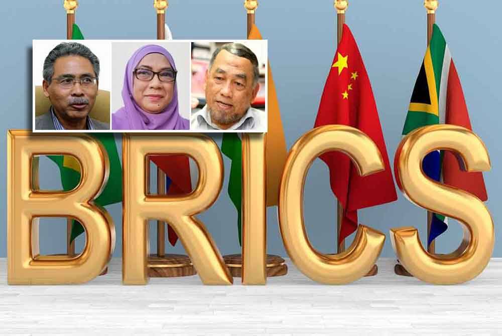 BRICS ditubuhkan pada 2009 sebagai platform kerjasama untuk ekonomi yang sedang pesat membangun merangkumi Brazil, Rusia, India dan China dengan Afrika Selatan menyertai kumpulan itu pada 2010. Foto: Agensi (Gambar kecil dari kiri: Dr Azmi Hassan, Salawati, dan Barjoyai)