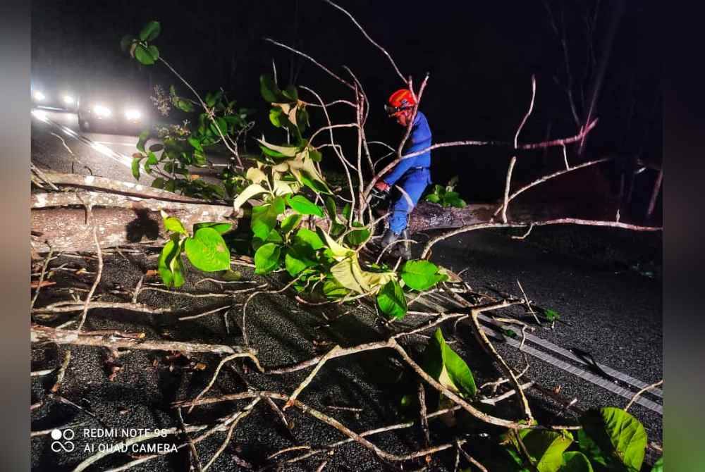 Anggota APM sedang menjalankan kerja-kerja pemotongan pokok yang tumbang dalam kejadian ribut pada awal pagi Ahad.