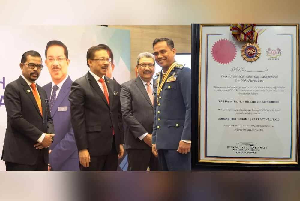 Nor Hisham (kiri) terima penganugerahan Bintang Jasa Terbilang Cuepacs dalam Majlis Anugerah dan Pingat Cuepacs 2024 yang diadakan di Hotel Melia, Kuala Lumpur pagi tadi.