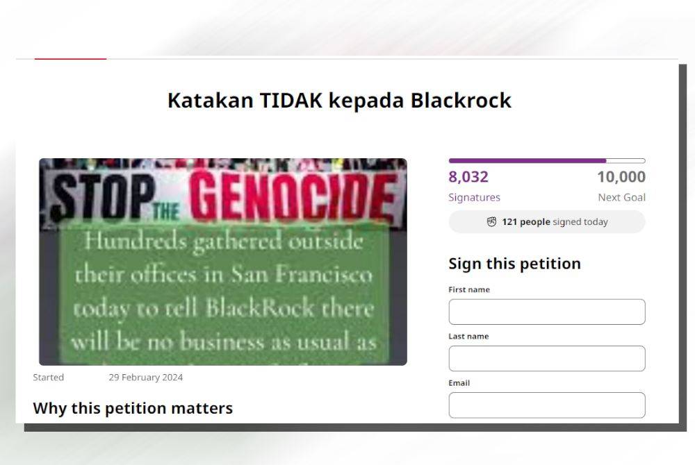 Tangkap layar petisyen kempen &#039;Katakan Tidak kepada Blackrock&#039; di laman web www.change.org pada Ahad.