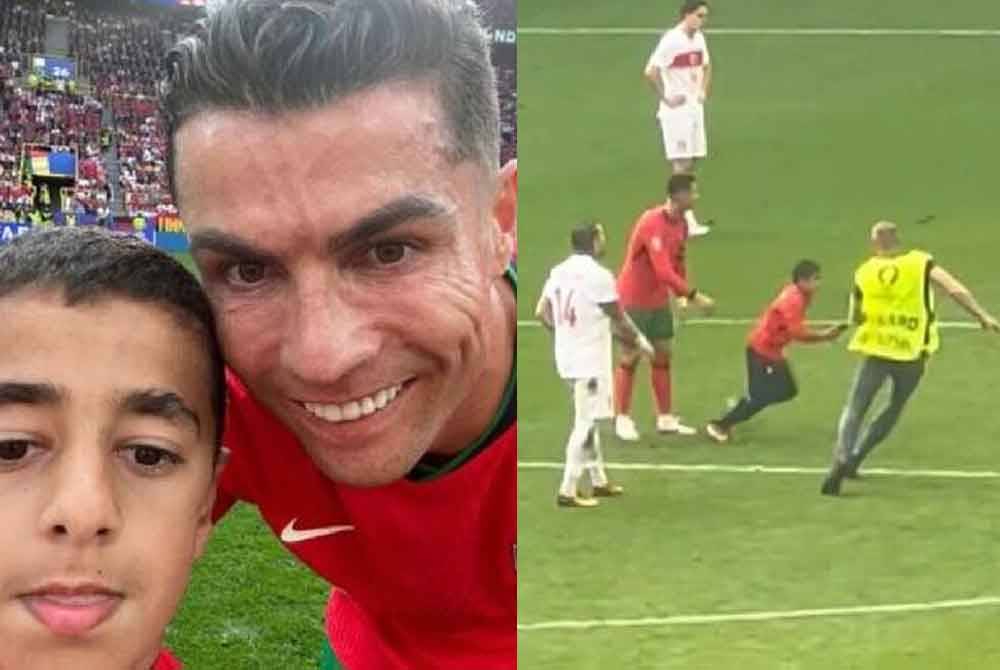 Seorang budak lelaki menceroboh padang dan berswafoto dengan Ronaldo. Foto Agensi