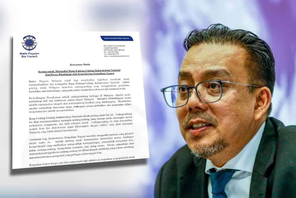 Kenyataan Badan Peguam Negara yang mendesak Kementerian Perpaduan Negara untuk mengutamakan proses perundingan ke arah penggubalan RUU Keharmonian Nasional. Gambar kanan: Mohamad Ezri