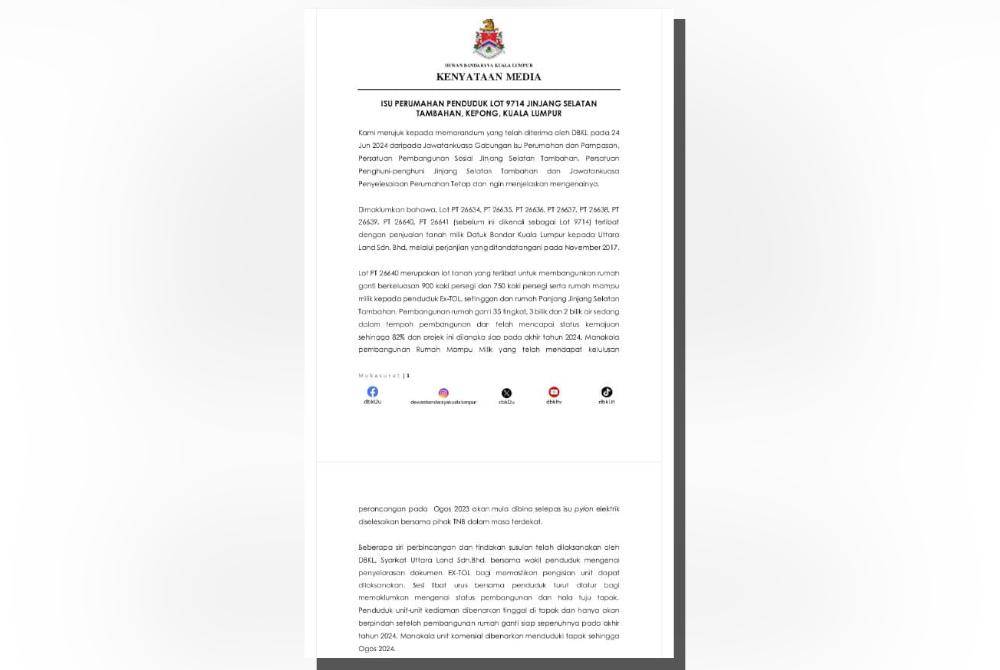 Kenyataan dikeluarkan unit media DBKL pada Selasa.