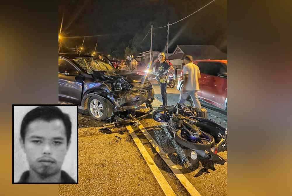 Motosikal mangsa melanggar SUV yang keluar simpang secara melulu di Kampung Paya Tanjung, Jalan Melaka-Muar pada malam Khamis. Gambar kecil: Mohd Azlan