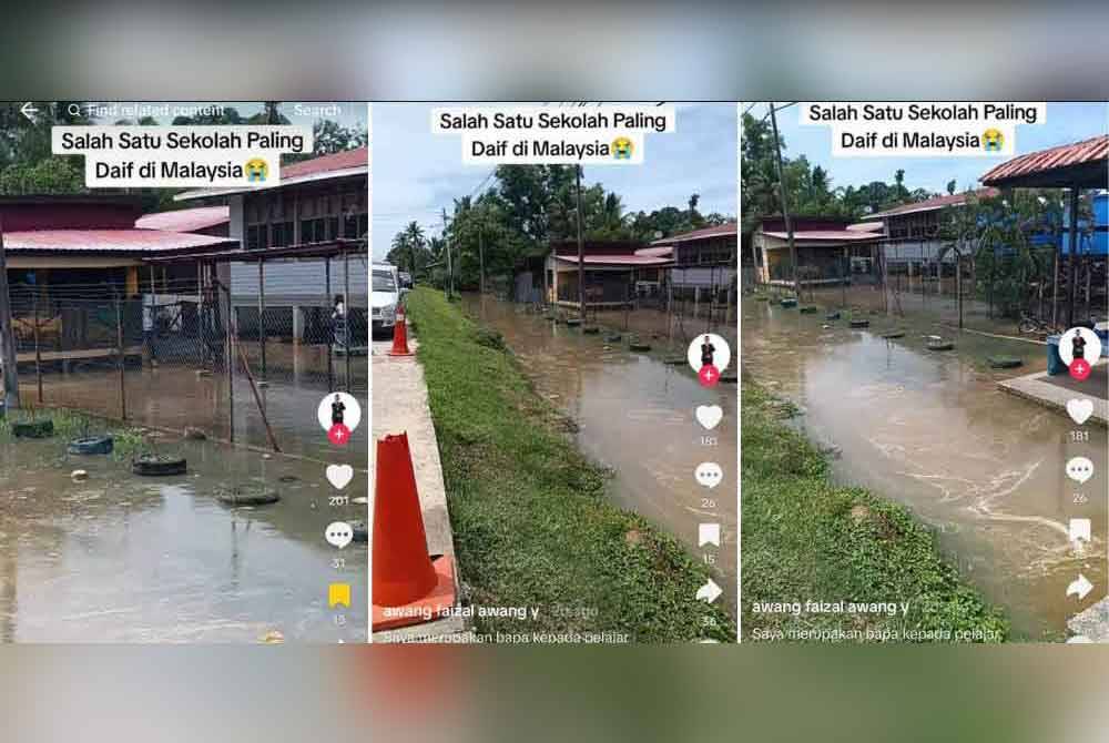 Keadaan kawasan air melimpah dari parit ke laluan kantin sekolah disebabkan fenomena air laut pasang di kawasan tersebut.