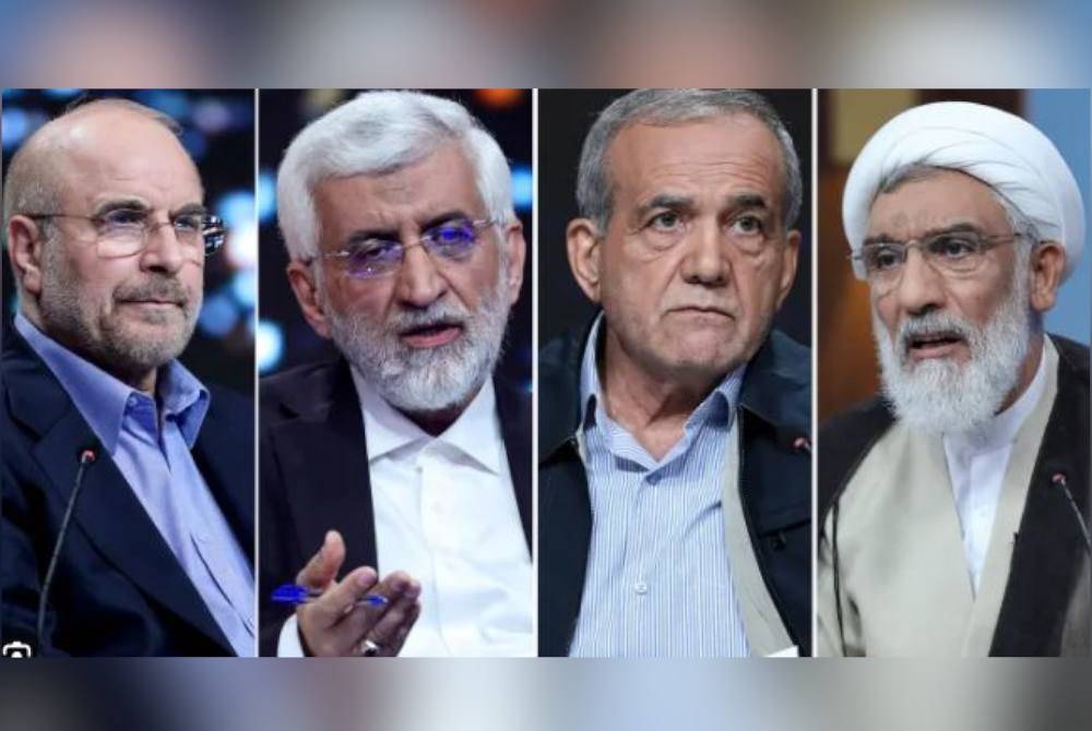 Dari kiri: Mohammad Baqer Qalibaf, Saeed Jalili, Masoud Pezeshkian dan Mostafa Pourmohammadi. Foto Agensi