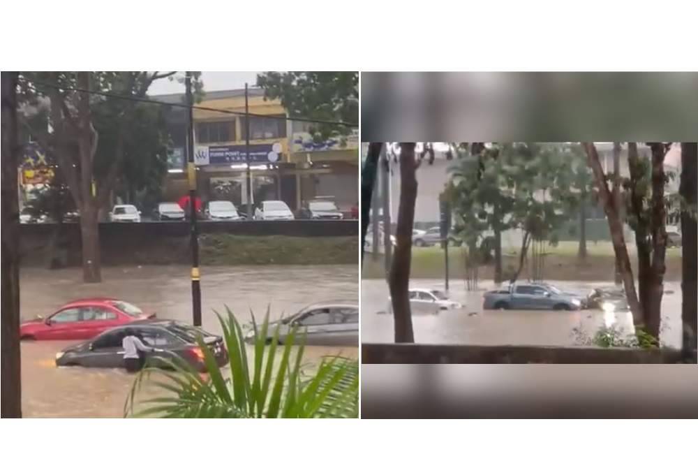 Tangkap layar video tular di aplikasi WhatsApp menunjukkan beberapa kenderaan termasuk motosikal terperangkap di dalam arus banjir.