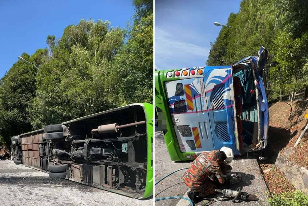 Keadaan bas persiaran membawa 21 penumpang termasuk pemandu yang terbalik di Kilometer 16.5, Jalan Genting Highlands, Bentong pada Sabtu. Foto kanan: Anggota bomba membantu mengeluarkan mangsa yang tersepit selepas bas persiaran membawa pelancong warga China terbalik di Kilometer 16.5, Jalan Genting Highlands, Bentong pada Sabtu.