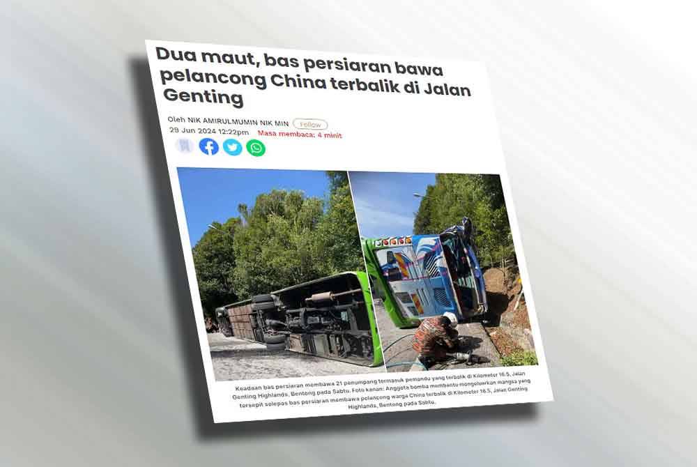 Pada Sabtu Sinar Harian melaporkan, bas persiaran membawa 21 penumpang termasuk pemandu terbalik dan meragut dua nyawa pelancong lelaki warga China.