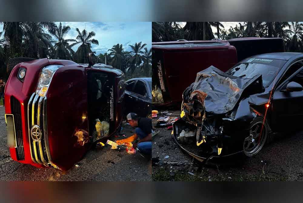 Keadaan Toyota Hilux (kiri) yang terbalik dan Proton Persona remuk dalam kemalangan berkenaan. Foto IPD Kluang