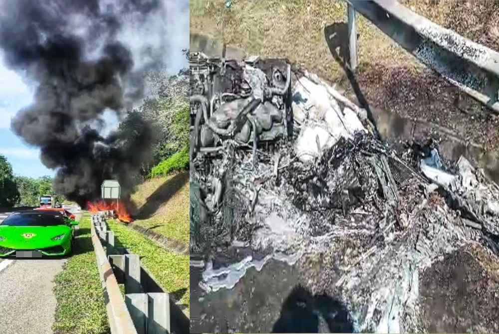 Kereta mewah Lamborghini yang terbakar meragut nyawa pemandunya di Jalan Bentong -Karak KM 57.1 Arah Timur di sini pada Ahad. Foto Ihsan JBPM