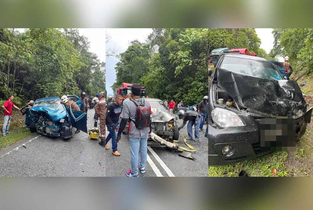 Sebanyak 10 individu cedera manakala dua selamat dalam kemalangan melibatkan tiga kereta di kawasan Batu Melintang menghala ke Bukit Gerik, Jeli, petang Ahad. Foto Balai Bomba Jeli