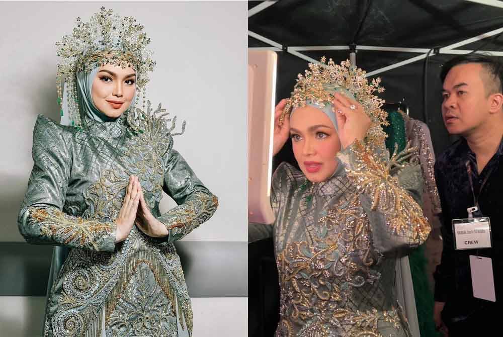 Busana yang diperagakan Siti (kiri) semasa Konsert Fenomena: Siti Nurhaliza Live In Singapore 2024, baru-baru ini tular di media sosial. Ezuwan (kanan) mendedahkan mencabar diri kerana buat pertama kali, menyiapkan helaian tradisional buat penyanyi tersohor itu.