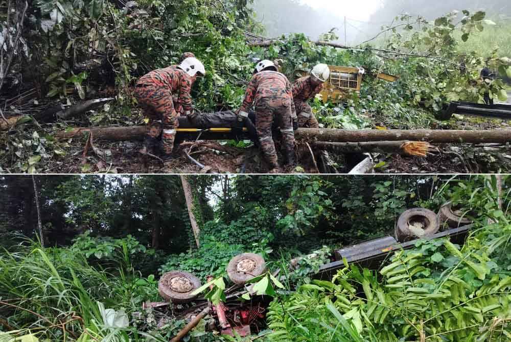 Pasukan bomba menjalankan operasi mengeluarkan mangsa yang tersepit selepas treler yang dinaiki terlibat dalam kemalangan di Jalan Kimanis-Keningau, Papar.