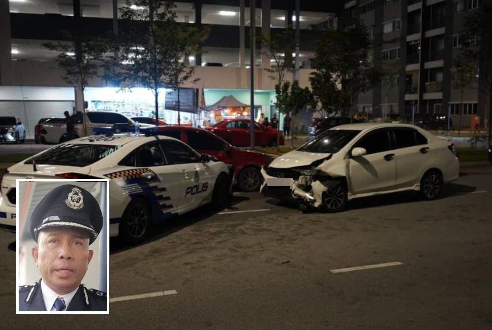 Pemandu kenderaan jenis Perodua Bezza ditahan setelah terlibat kemalangan dengan kenderaan MPV polis ketika cuba melepaskan diri di Cybersouth Dengkil, Selangor pada Isnin. (Gambar kecil: Wan Kamarul Azran.)