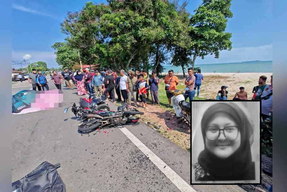 Kemalangan maut yang meragut nyawa Syakirul Farha (gambar kecil) di Jalan Telok Gong di sini, pada Selasa. 