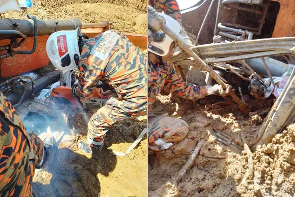 Pasukan bomba sedang menjalankan operasi mengeluarkan mangsa yang tersepit dalam jengkaut di Pengkalan Hulu. Foto ihsan Bomba Perak