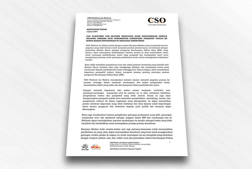 Kenyataan Jawatankuasa Pemandu CSO Platform for Reform pada Rabu.