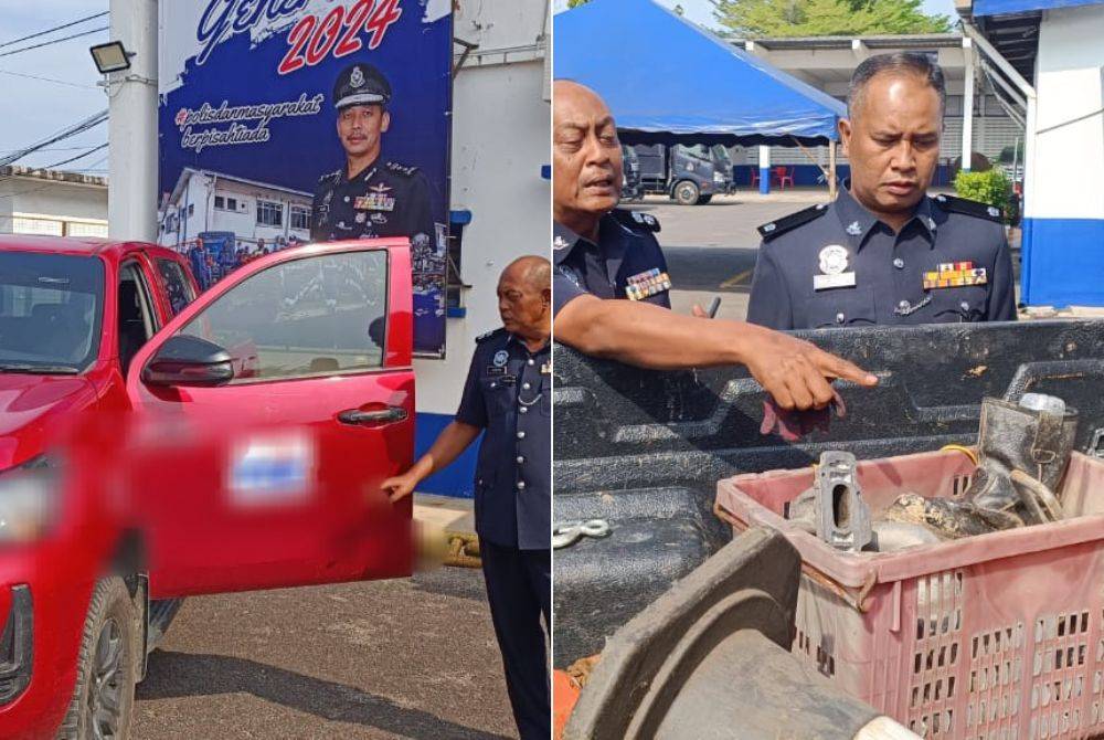 Hanyan menunjukkan Toyota Hilux yang menggunakan logo palsu untuk mencuri kabel. Gambar kanan: Hanyan (kiri) menunjukkan alatan dan kabel yang dicuri.