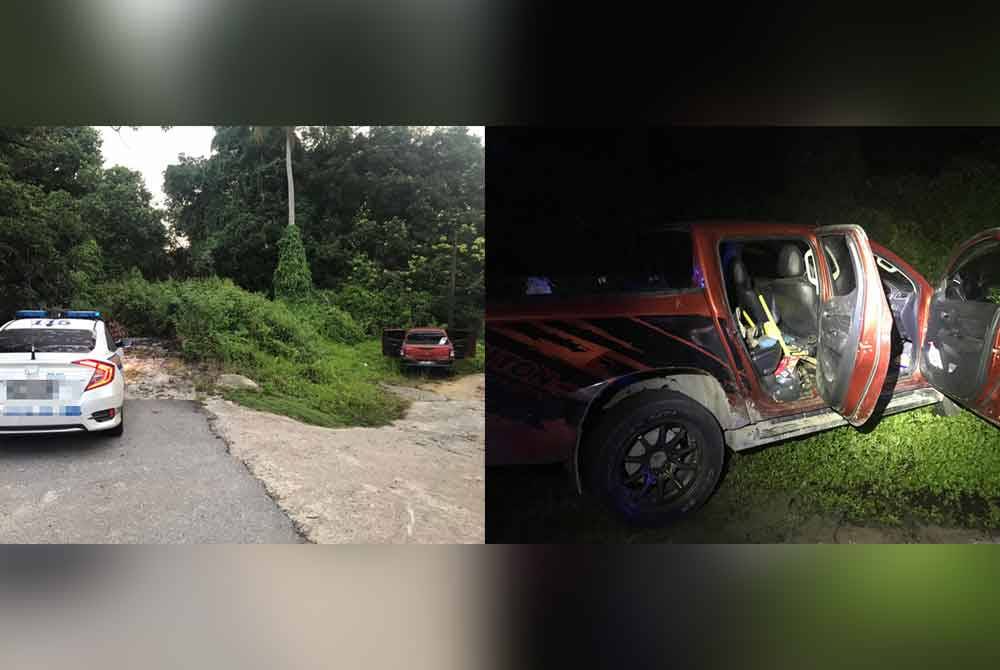 Polis menahan seorang lelaki yg cuba bersembunyi di atas pokok selepas dikesan menjalankan aktiviti mencuri kabel bersama tiga lagi rakan. Keadaan kenderaan pacuan empat roda (kanan) ketika dikesan anggota polis menjalankan aktiviti mencuri kabel.