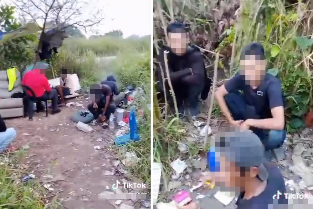 Tangkap layar video tular memaparkan aktiviti menghisap dadah di kawasan semak di Jalan Sungai Jati, Taman Sentosa, Klang, Selangor.