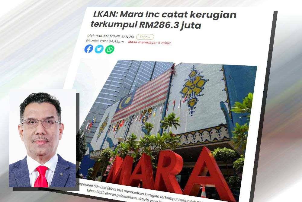 LKAN Siri 2/2024 mendedahkan Mara Inc turut mencatatkan defisit pegangan saham berjumlah RM115.73 juta dan terpaksa menanggung liabiliti semasa berjumlah RM234.96 juta pada 2022 disebabkan faktor pelaksanaan aktiviti yang kurang cekap. (Gambar kecil: Azhar)