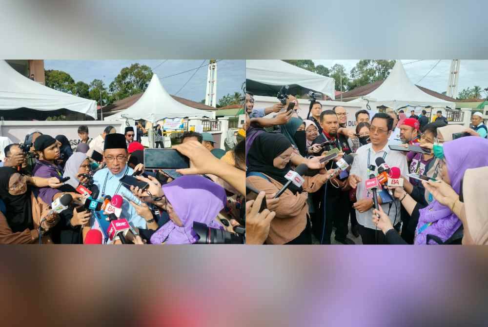 Joohari (kanan) dan Abidin bercakap kepada media ketika hadir memantau perjalanan hari mengundi di Pusat Pengundian SK Sungai Duri.