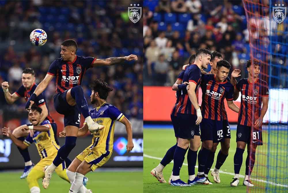 Penyerang import JDT Bergson Da Silva menanduk bola ke pintu gol MUFT pada aksi suku akhir kedua Piala FA di Stadium Sultan Ibrahim pada Jumaat. - Foto: FB Johor Southern Tigers