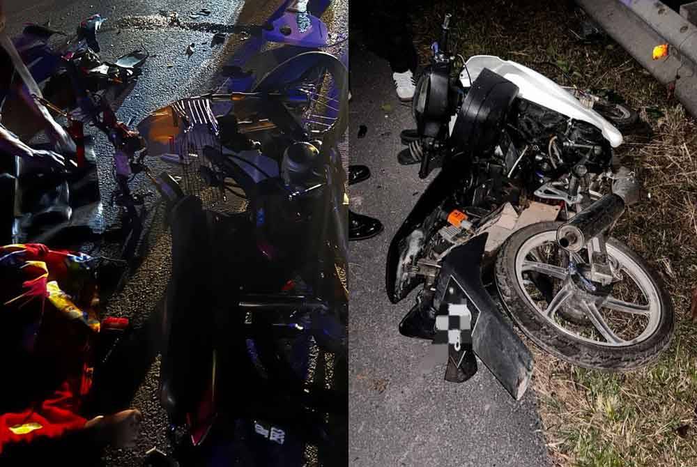 Keadaan motosikal kedua-dua mangsa yang maut dalam kemalangan di kilometer (KM) 78, Jalan Johor Bahru-Ayer Hitam dekat pada Jumaat. - Foto: IPD Kluang