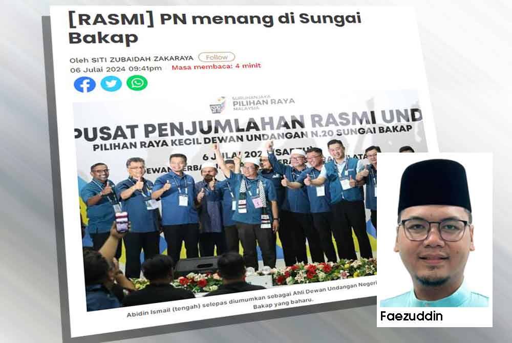 Perikatan Nasional (PN) berjaya mempertahankan kerusi Dewan Undangan Negeri (DUN) Sungai Bakap selepas calonnya Abidin Ismail menang dalam Pilihan Raya Kecil (PRK) kawasan itu dengan majoriti 4,267 undi.