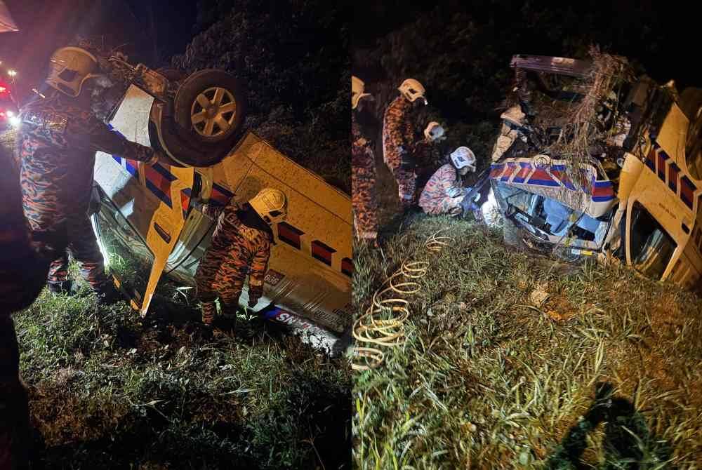 Empat individu termasuk seorang pesakit dilaporkan cedera selepas ambulans dinaiki terbabas dalam parit di Taiping. Foto: Bomba Perak