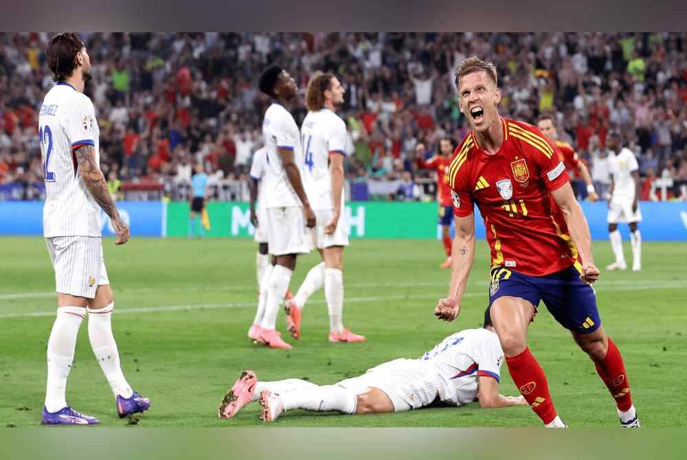 Dani Olmo menyumbat gol kedua Sepanyol ketika pertemuan separuh akhir Euro menentang Perancis di Allianz Arena. Foto Agensi