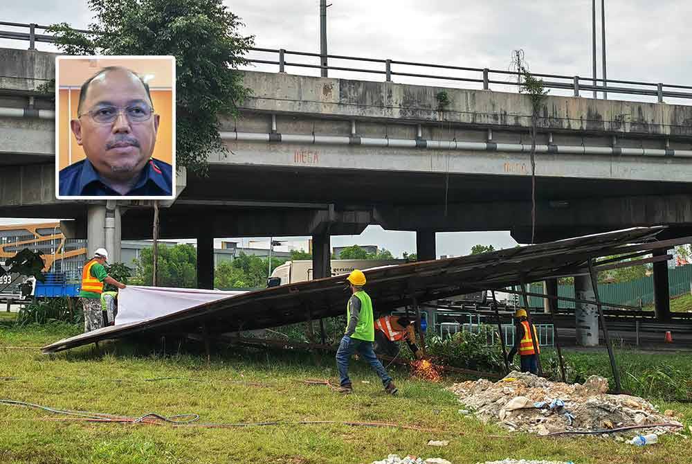 Kerja-kerja me robohkan papan tanda iklan haram dilakukan di tepi Lebuhraya Plus. Gambar kecil: Mohd Zafir