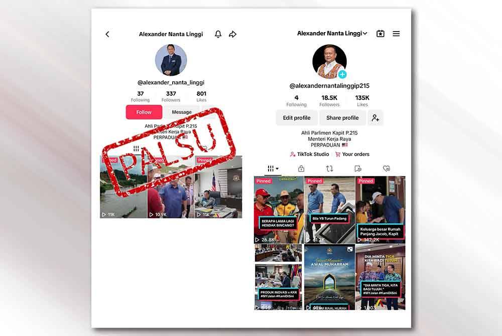 Alexander turut berkongsi tangkap layar akaun media sosial palsu yang menggunakan namanya iaitu @alexander_nanta_linggi.