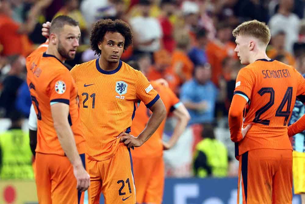 Reaksi pemain Belanda selepas tewas aksi separuh akhir kepada England. Foto EPA