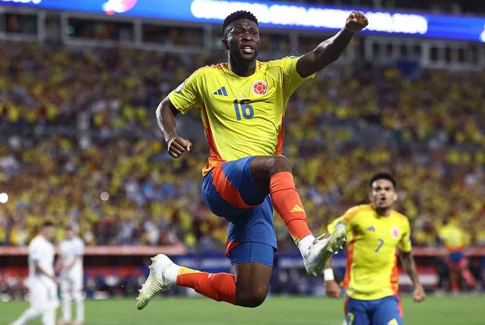 Reaksi Lerma selepas menjaringkan gol Colombia ketika berdepan Uruguay dalam aksi separuh akhir Copa America 2024 di Stadium Bank of America, Charlotte, Carolina Utara. Foto: AFP