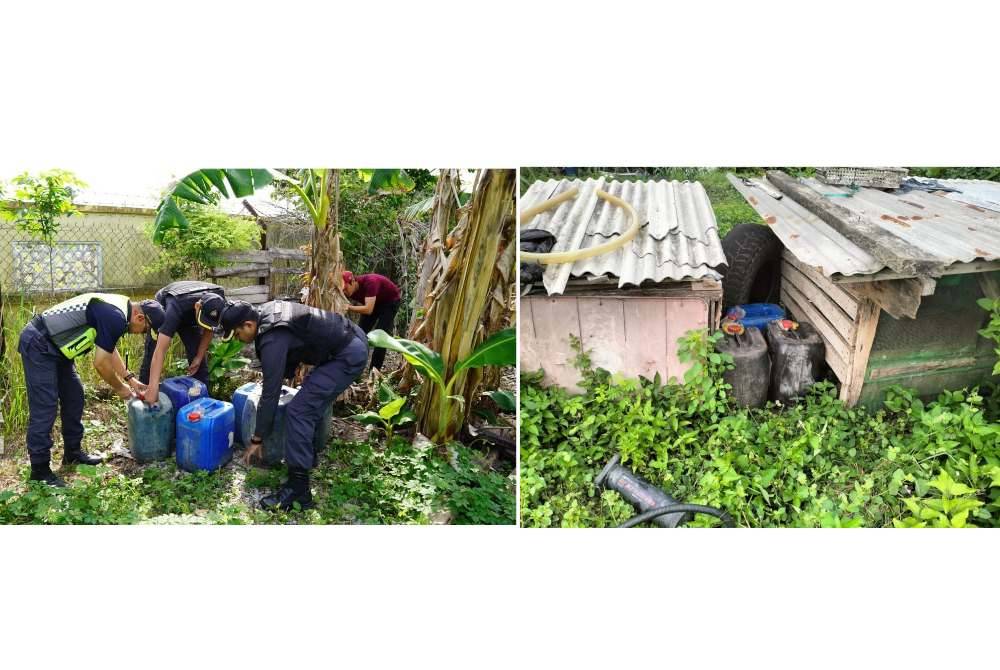 KPDN Kelantan dan PPM Wilayah Tiga, Pengkalan Kubor merampas 375 liter petrol dalam serbuan di Kampung Geting pada Rabu. Foto KPDN Kelantan