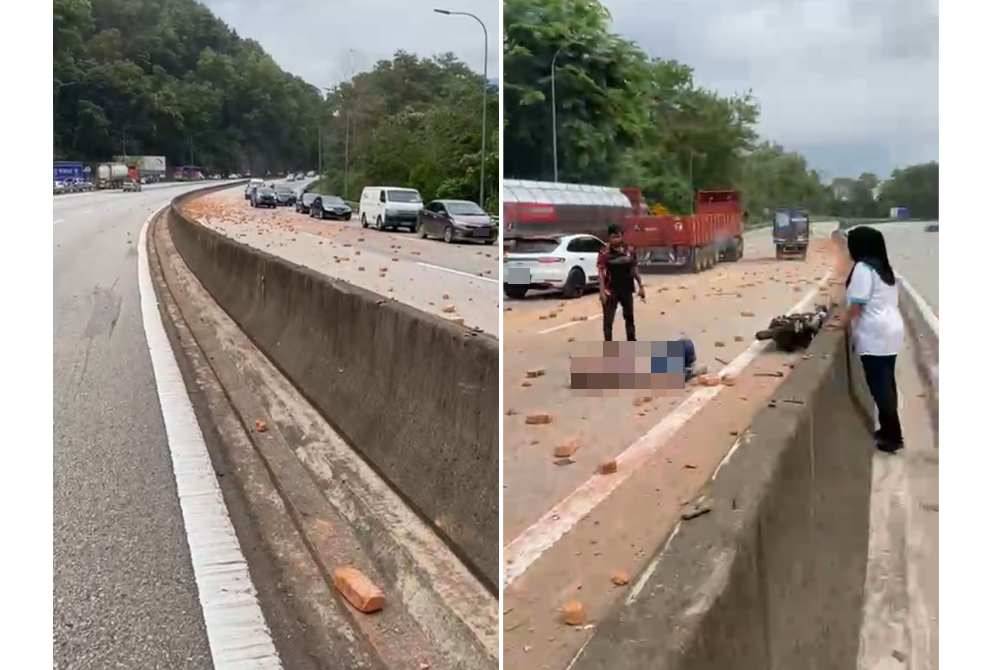 Tangkapan layar menunjukkan penunggang motosikal cedera ketika melalui jalan Kuala Lumpur selepas Genting Sempah susulan batu bata yang terjatuh.