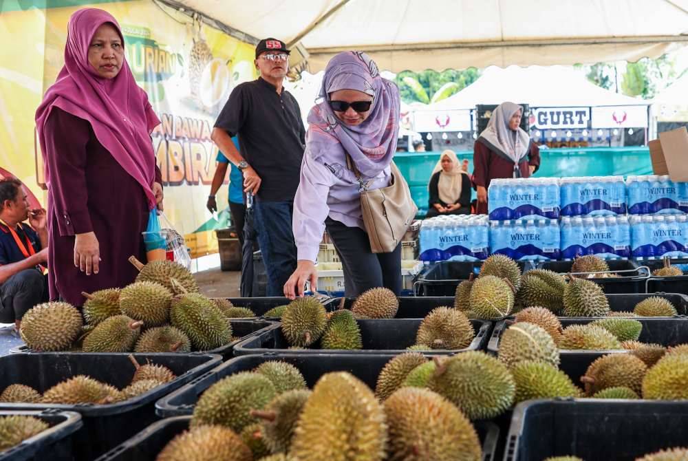 Beberapa pengunjung melihat durian yang dipasarkan ketika berkunjung ke Majlis Sambutan Hari Peneroka Felda 2024 yang diadakan di MAEPS Serdang pada Sabtu. Foto Bernama